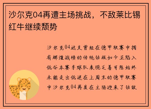 沙尔克04再遭主场挑战，不敌莱比锡红牛继续颓势
