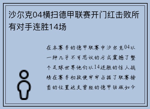 沙尔克04横扫德甲联赛开门红击败所有对手连胜14场