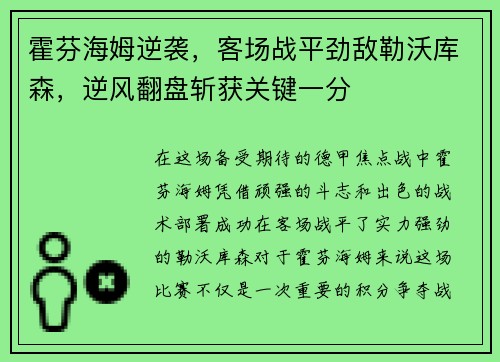 霍芬海姆逆袭，客场战平劲敌勒沃库森，逆风翻盘斩获关键一分